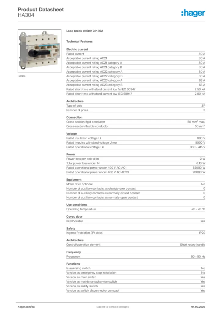 Image Hager Product data sheet HA304  | Hager Australia