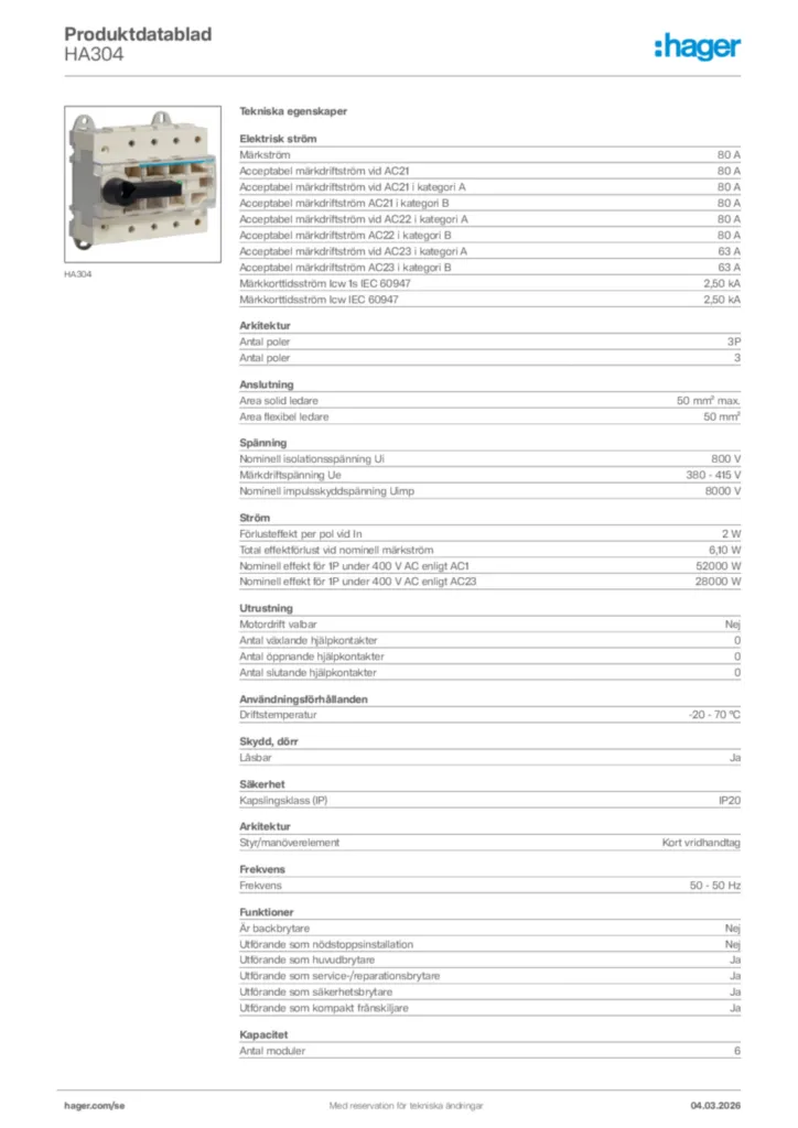 Bild Hager Produktdatablad HA304 | Hager Sverige