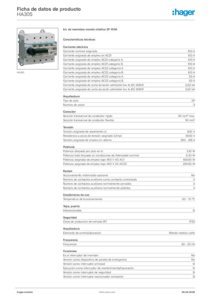 Imagen Hager Ficha de datos de producto HA305 | Hager España