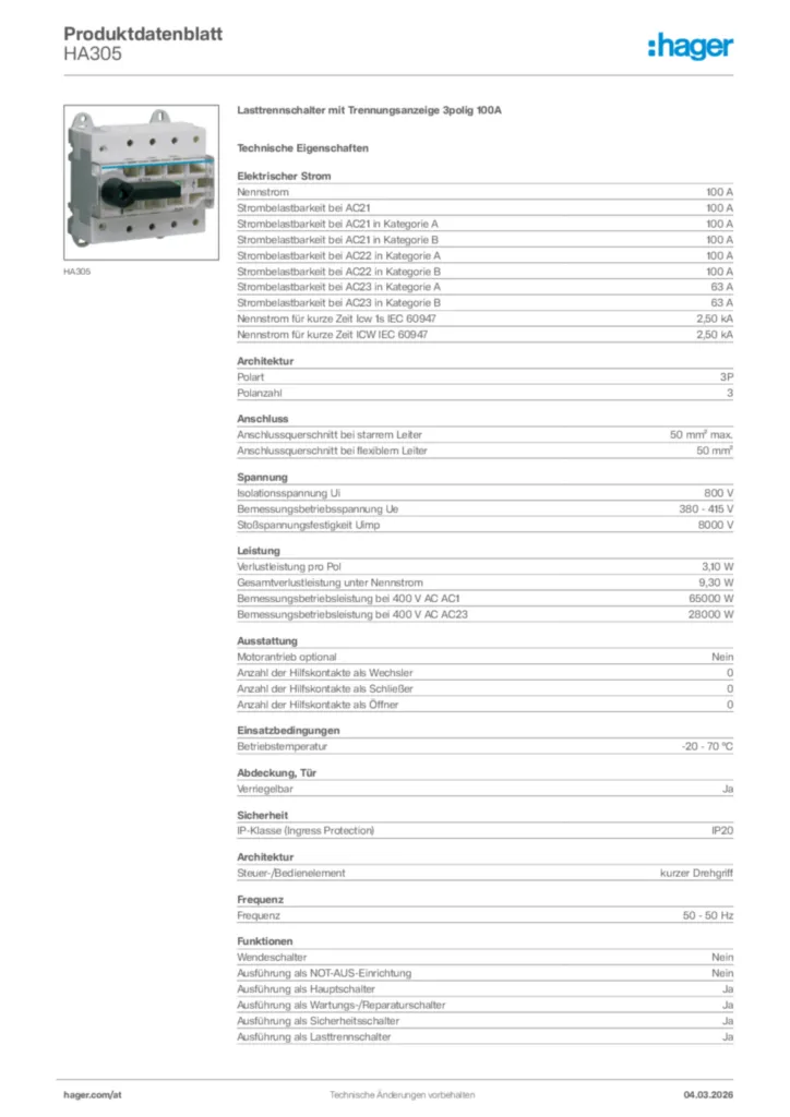 Bild Hager Produktdatenblatt HA305 | Hager Deutschland
