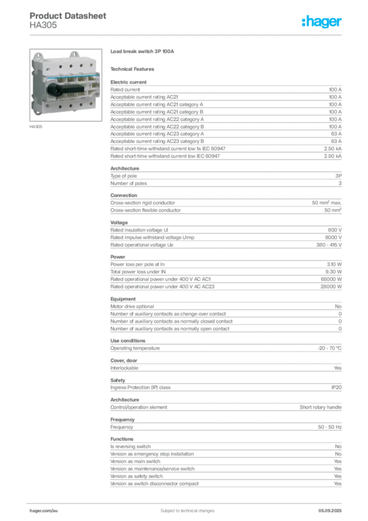 Image Hager Product data sheet HA305  | Hager Australia