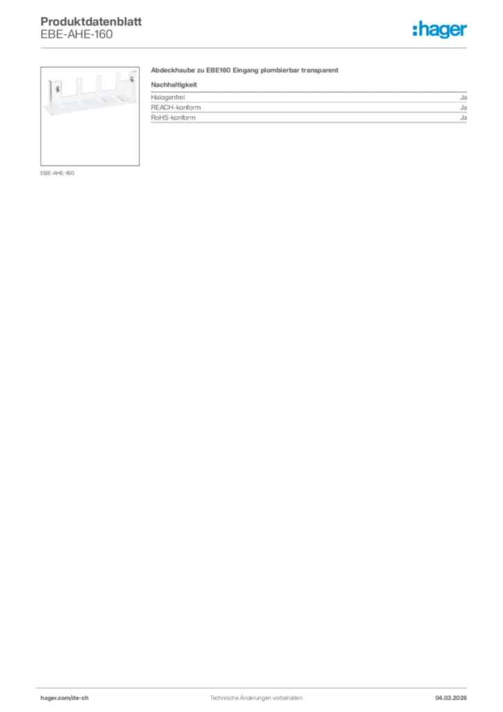 Bild Hager Produktdatenblatt EBE-AHE-160 | Hager Schweiz
