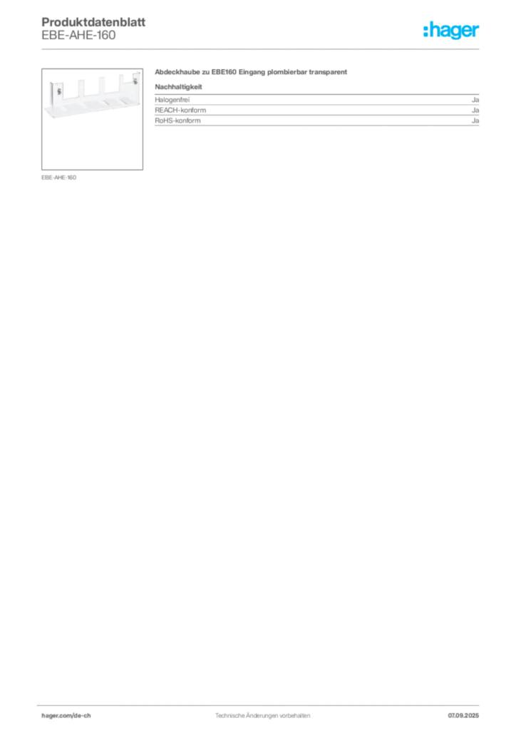 Bild Hager Produktdatenblatt EBE-AHE-160 | Hager Schweiz