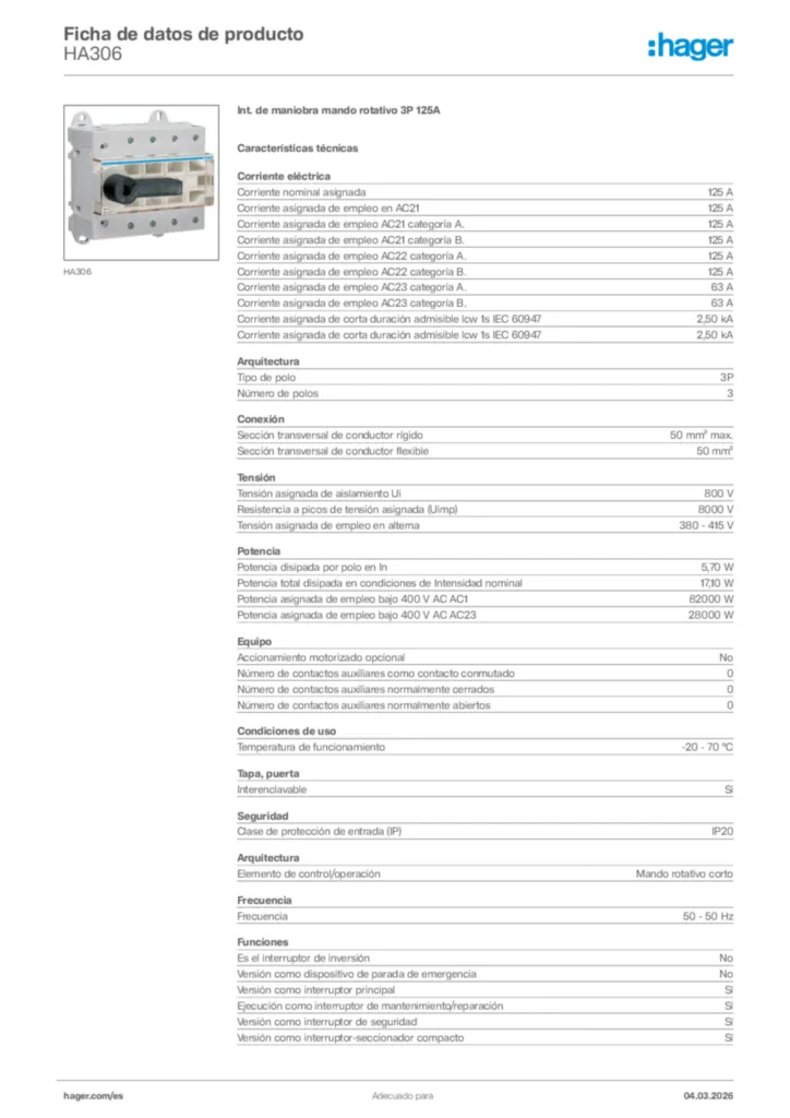 Imagen Hager Ficha de datos de producto HA306 | Hager España