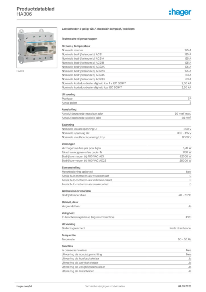 Afbeelding Hager Productdatablad HA306 | Hager Nederland
