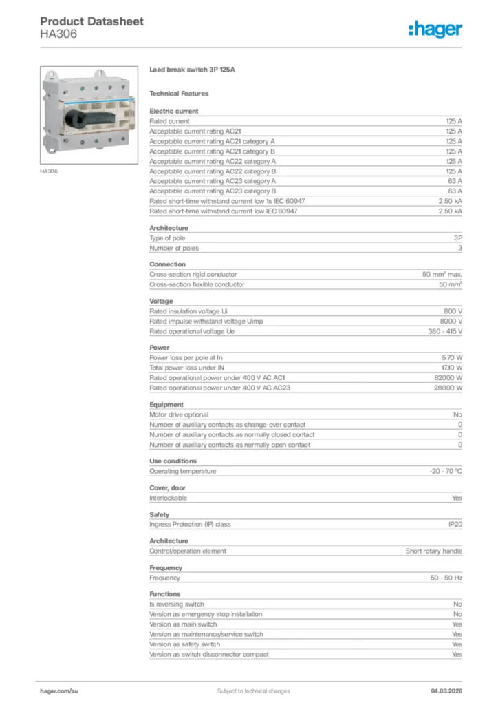 Image Hager Product data sheet HA306  | Hager Australia