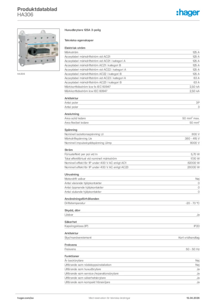 Bild Hager Produktdatablad HA306 | Hager Sverige