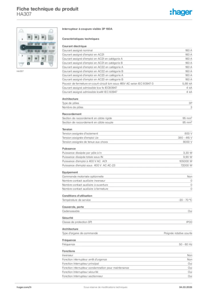 Image Hager Fiche technique du produit HA307 | Hager France