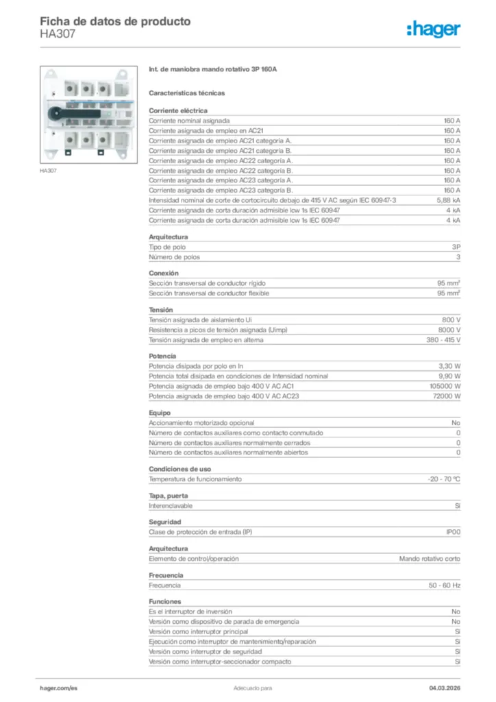 Imagen Hager Ficha de datos de producto HA307 | Hager España