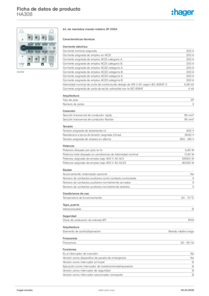 Imagen Hager Ficha de datos de producto HA308 | Hager España