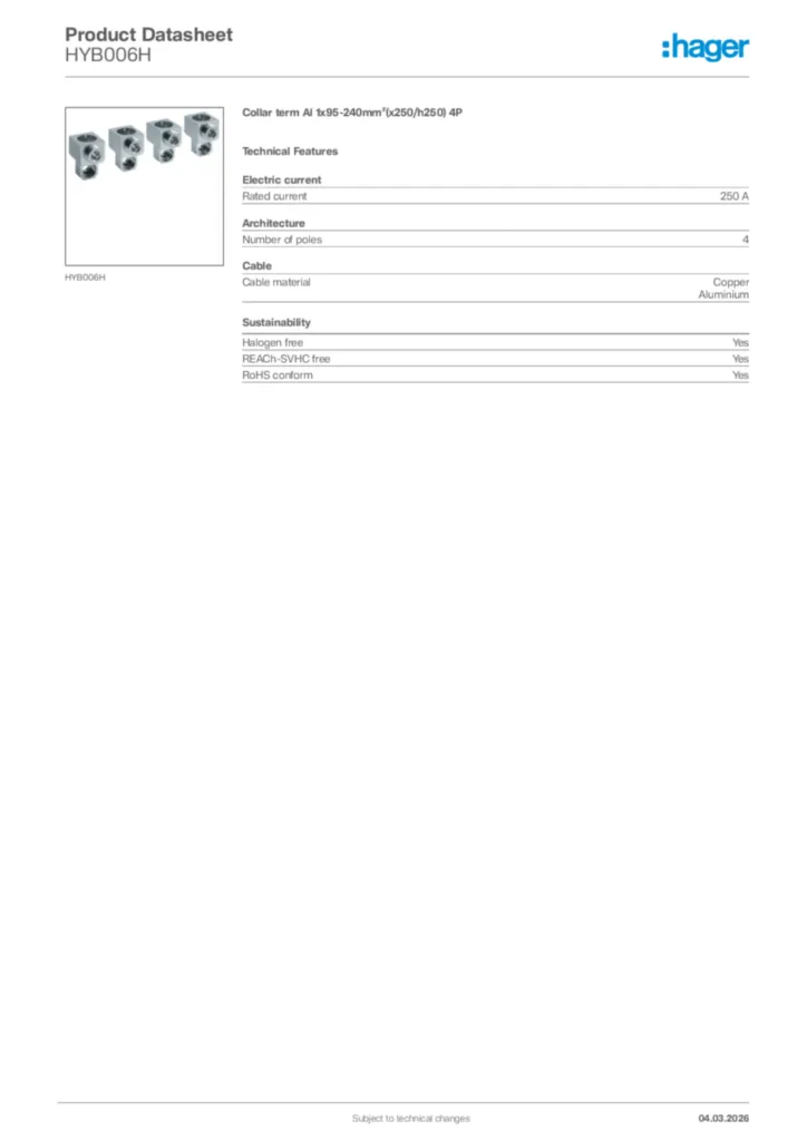 Image Hager Product data sheet HYB006H  | Hager Africa