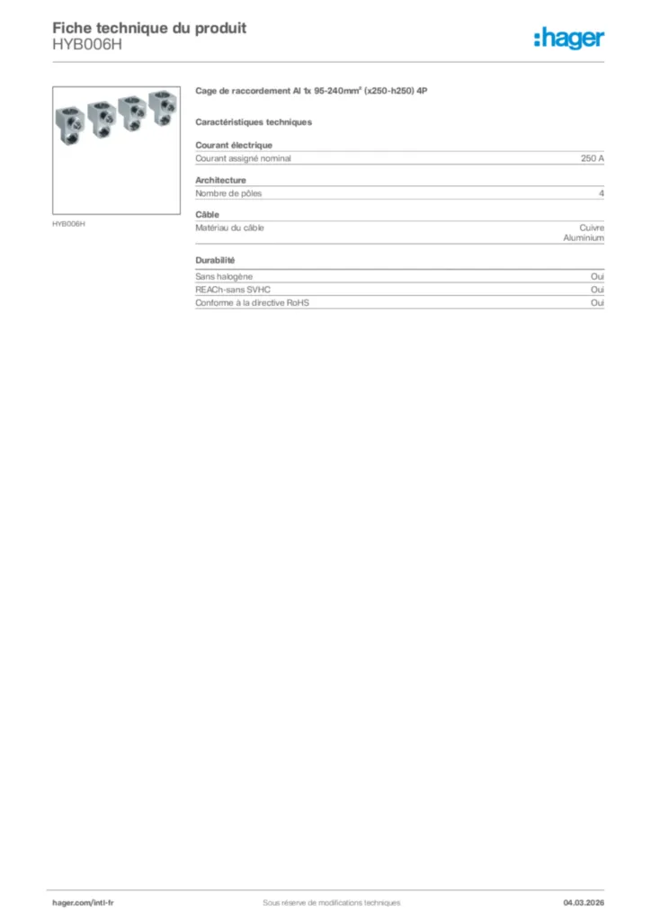 Image Hager Fiche technique du produit HYB006H | Hager Afrique