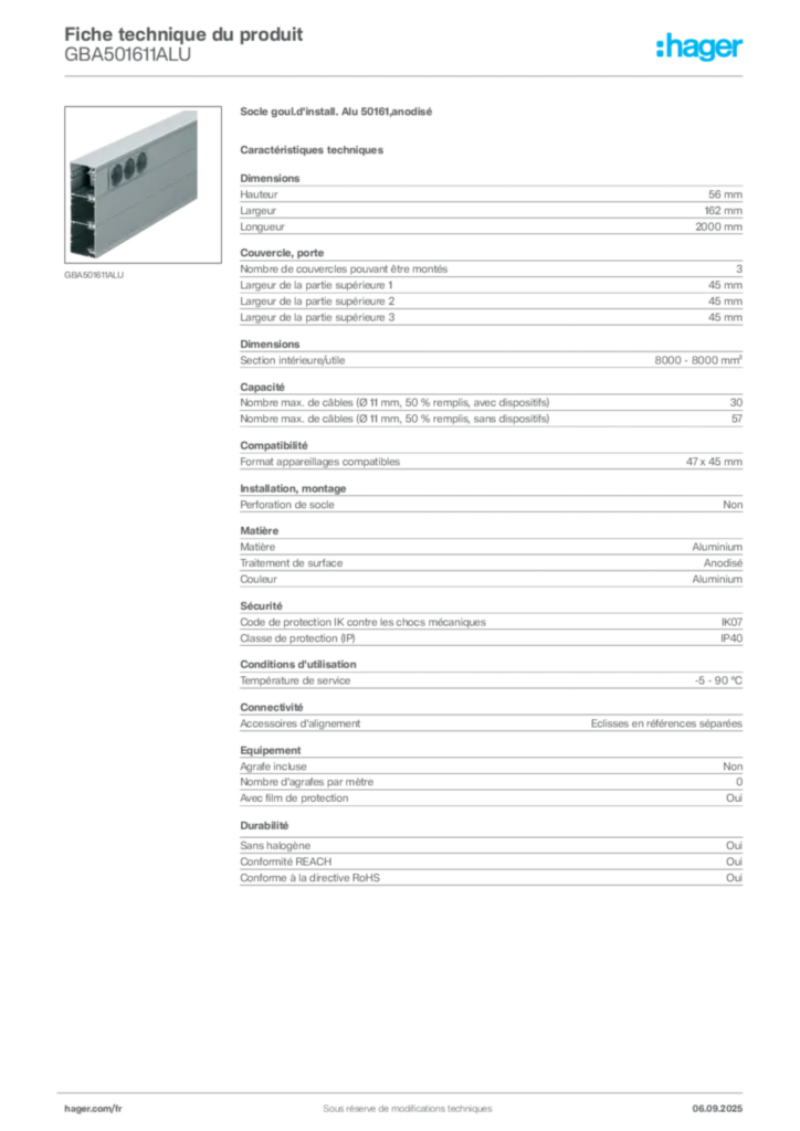 Image Hager Fiche technique du produit GBA501611ALU | Hager France