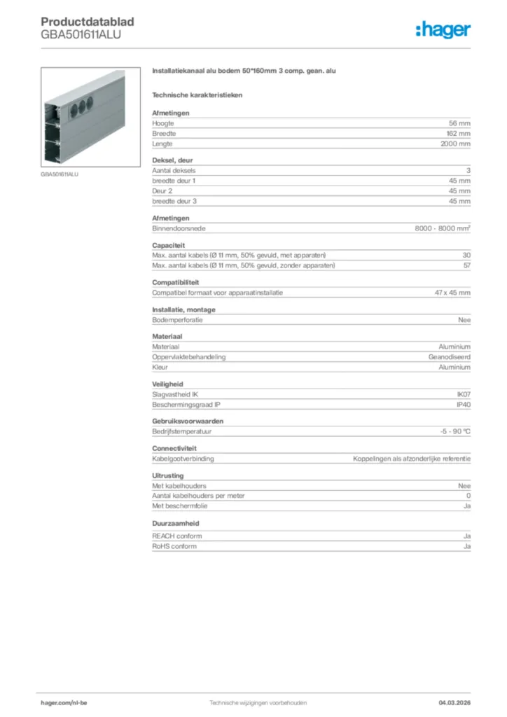 Afbeelding Hager Productdatablad GBA501611ALU | Hager Belgium