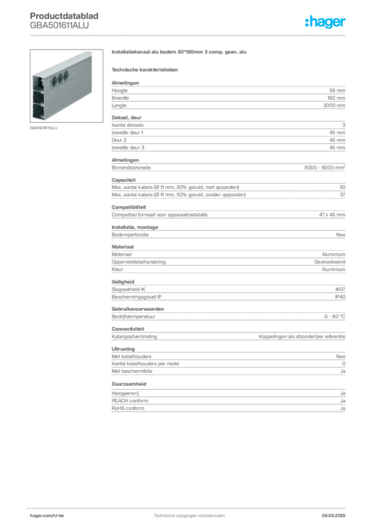 Afbeelding Hager Productdatablad GBA501611ALU | Hager Belgium