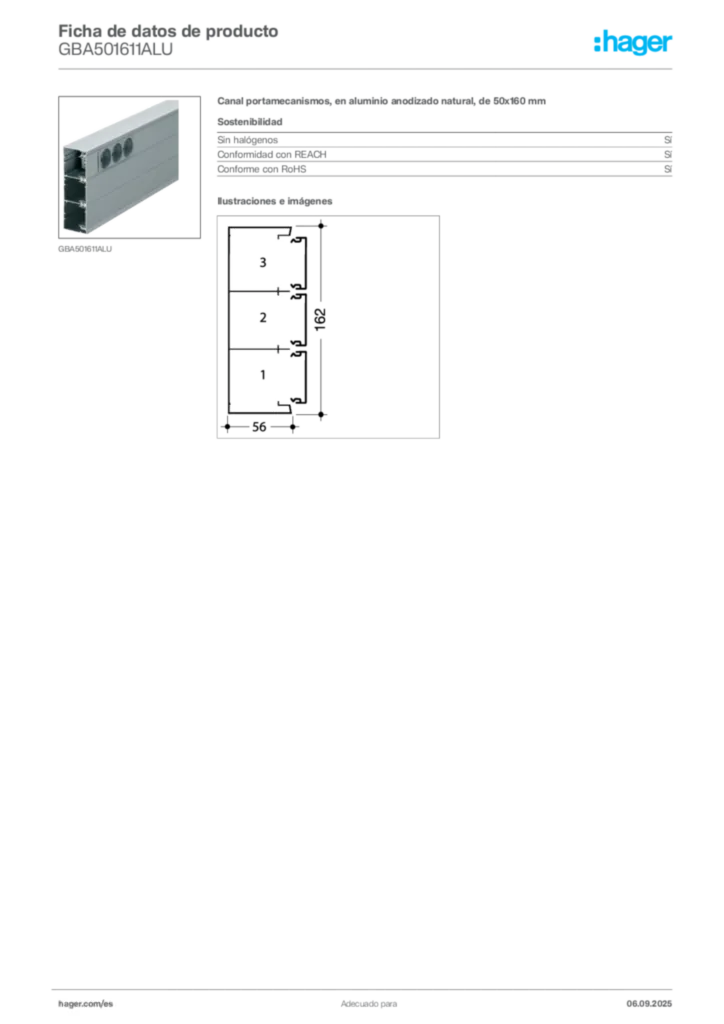Imagen Hager Ficha de datos de producto GBA501611ALU | Hager España