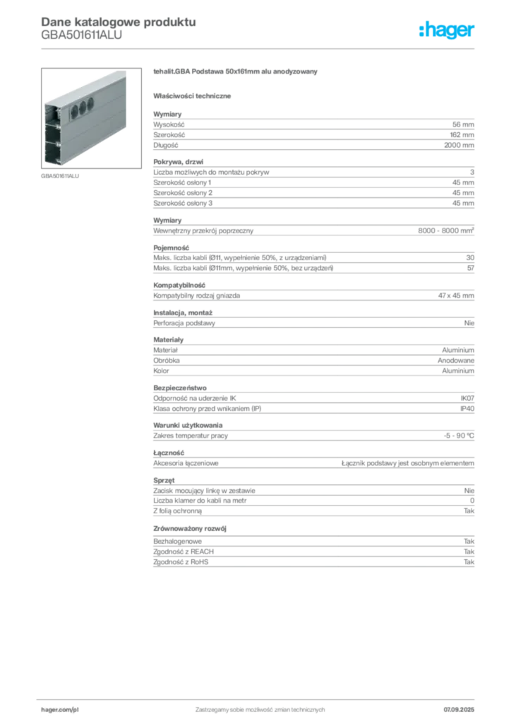 Zdjęcie Hager Dane katalogowe produktu GBA501611ALU | Hager Polska