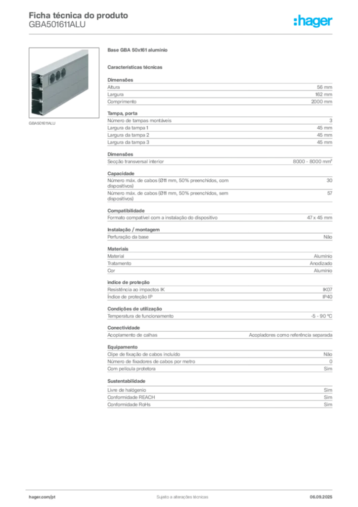 Imagem Hager Ficha técnica do produto GBA501611ALU | Hager Portugal