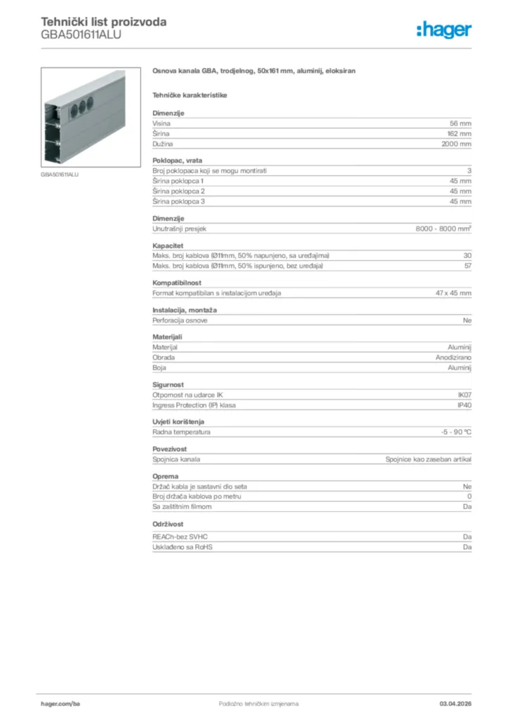 Slika Hager Tehnički list proizvoda GBA501611ALU  | Hager