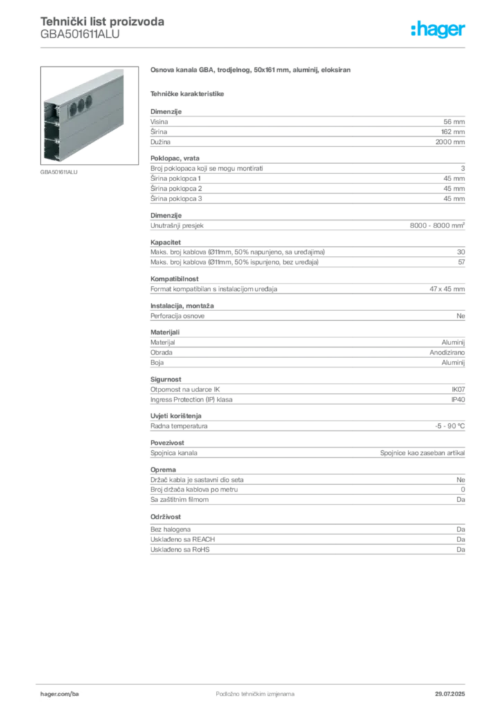 Slika Hager Product data sheet GBA501611ALU  | Hager