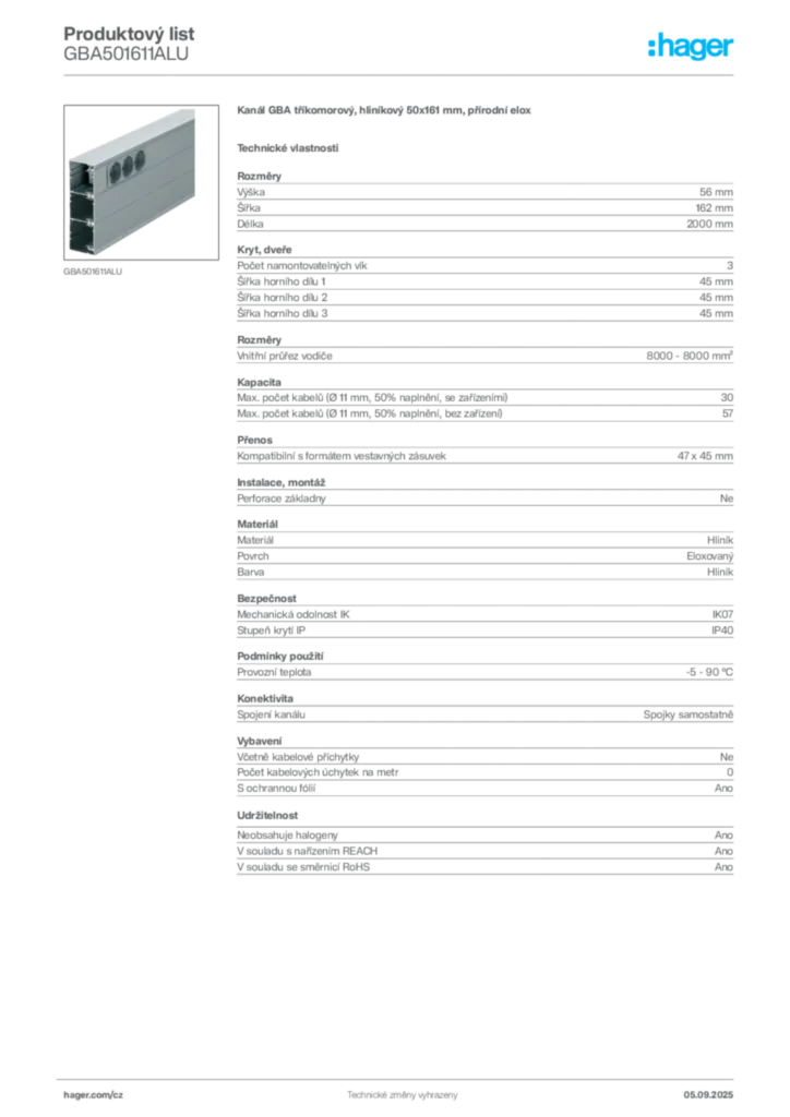 Obrázek Hager Produktový list GBA501611ALU | Hager