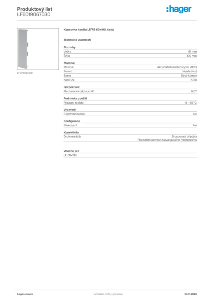 Obrázek Hager Product data sheet LF6019067030 | Hager