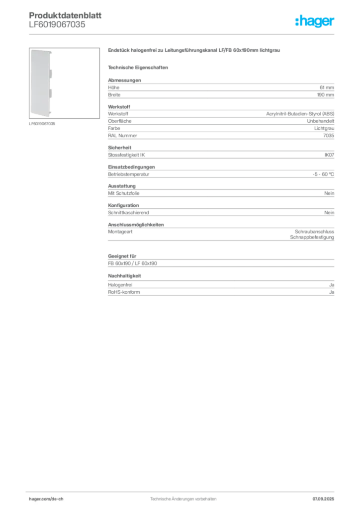 Bild Hager Produktdatenblatt LF6019067035 | Hager Schweiz