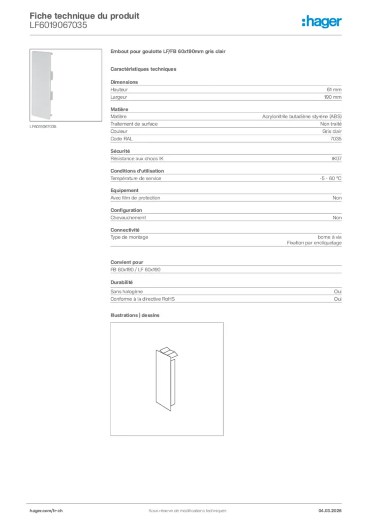 Image Hager Fiche technique du produit LF6019067035 | Hager Suisse