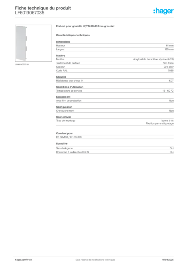 Image Hager Fiche technique du produit LF6019067035 | Hager Suisse
