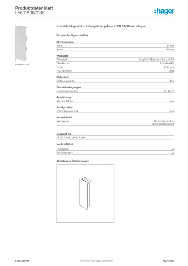 Bild Hager Produktdatenblatt LF6019067035 | Hager Deutschland