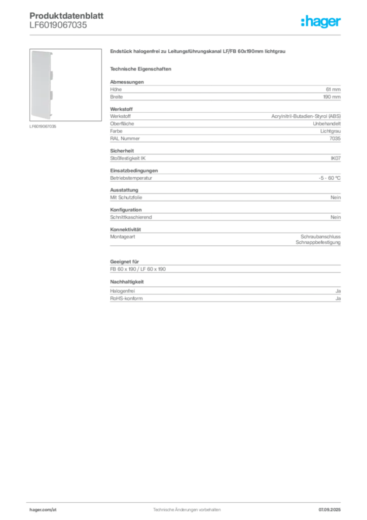Bild Hager Produktdatenblatt LF6019067035 | Hager Deutschland