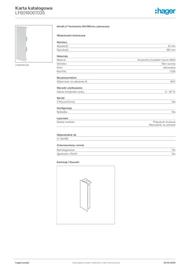 Zdjęcie Hager Karta katalogowa LF6019067035 | Hager Polska