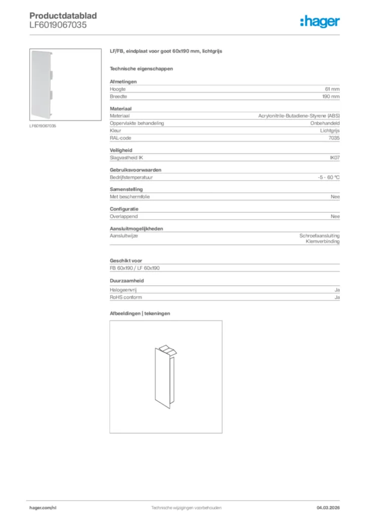 Afbeelding Hager Productdatablad LF6019067035 | Hager Nederland
