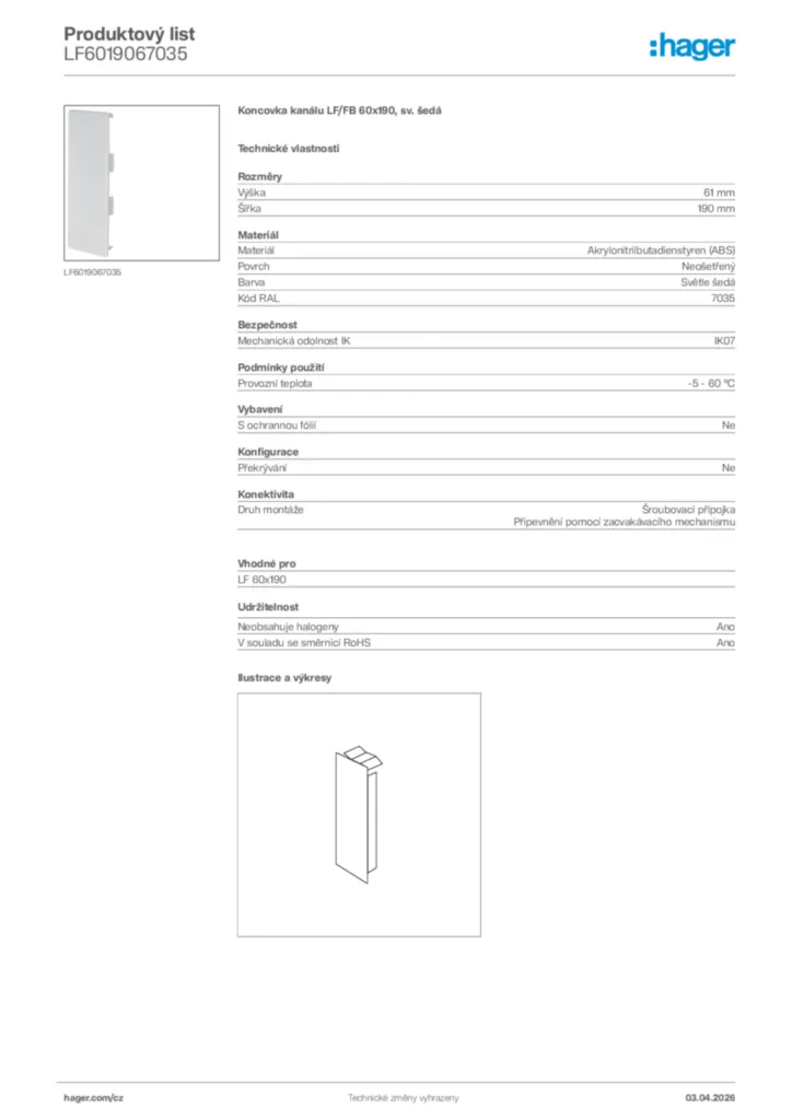 Obrázek Hager Product data sheet LF6019067035 | Hager