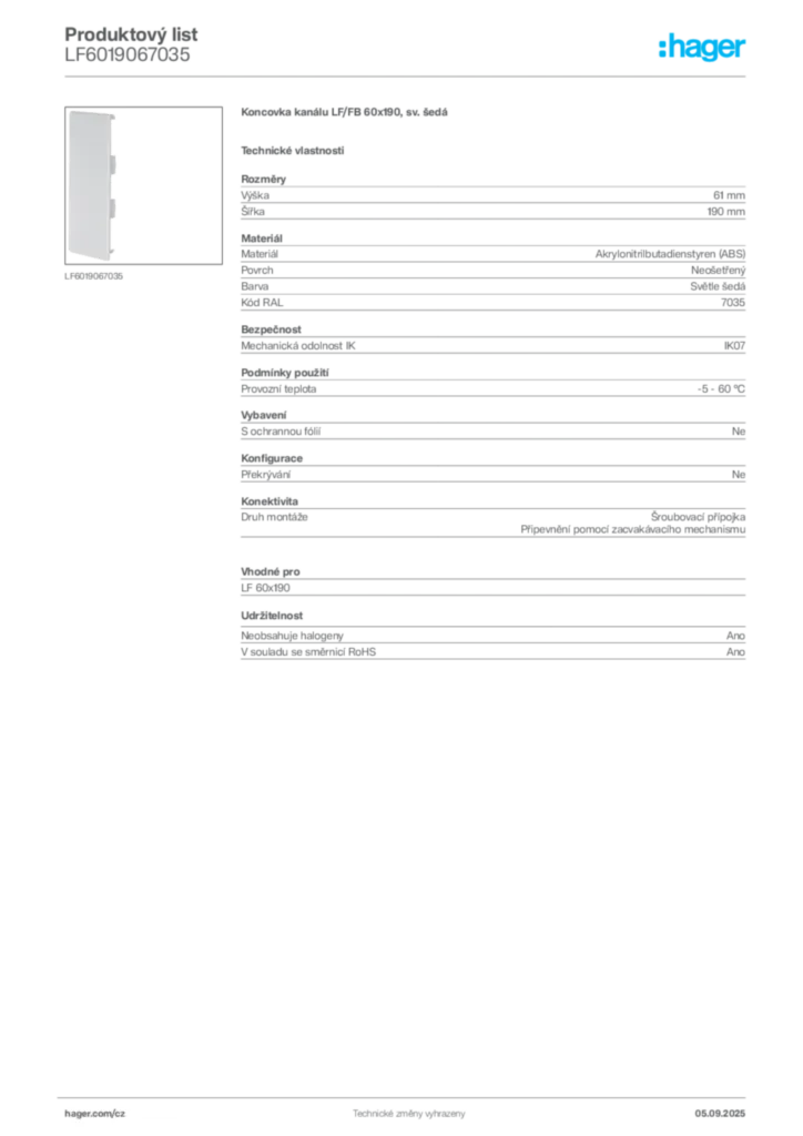 Obrázek Hager Produktový list LF6019067035 | Hager