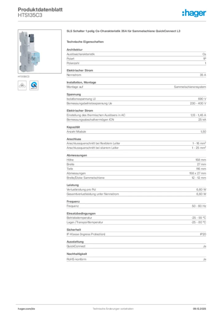 Hager Produktdatenblatt HTS135C3