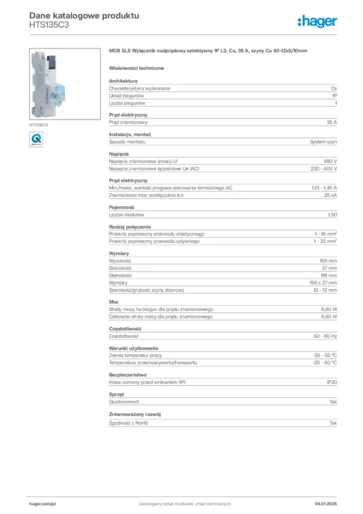 Zdjęcie Hager Karta katalogowa HTS135C3 | Hager Polska