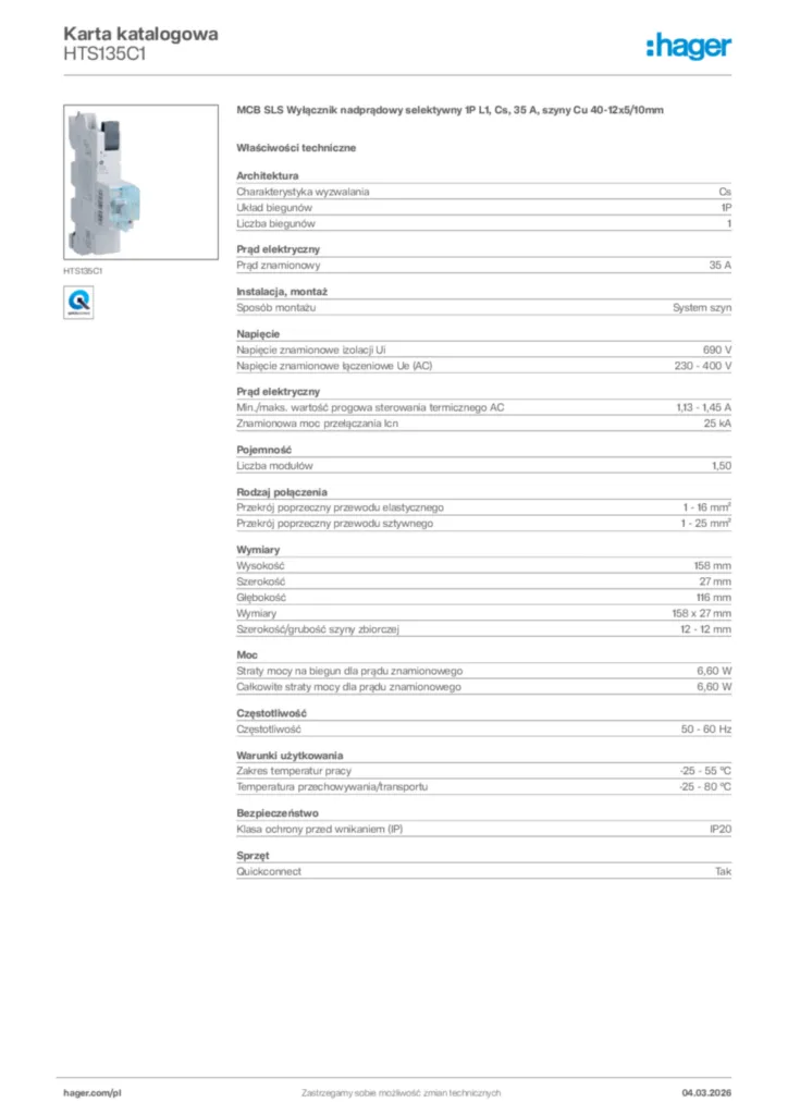 Zdjęcie Hager Karta katalogowa HTS135C1 | Hager Polska