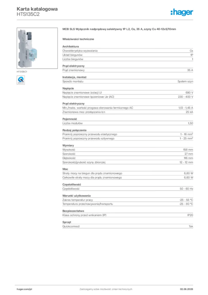 Zdjęcie Hager Karta katalogowa HTS135C2 | Hager Polska