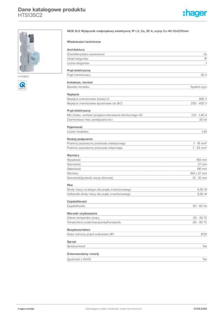 Zdjęcie Hager Dane katalogowe produktu HTS135C2 | Hager Polska