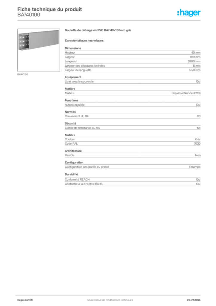 Image Hager Fiche technique du produit BA740100 | Hager France