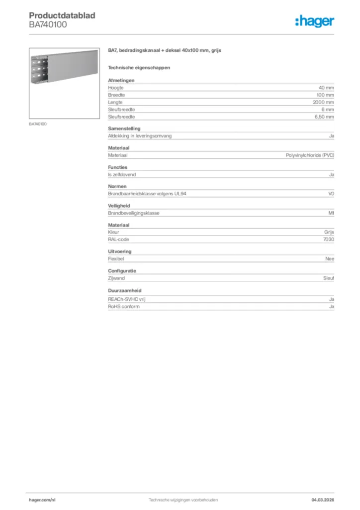 Afbeelding Hager Productdatablad BA740100 | Hager Nederland