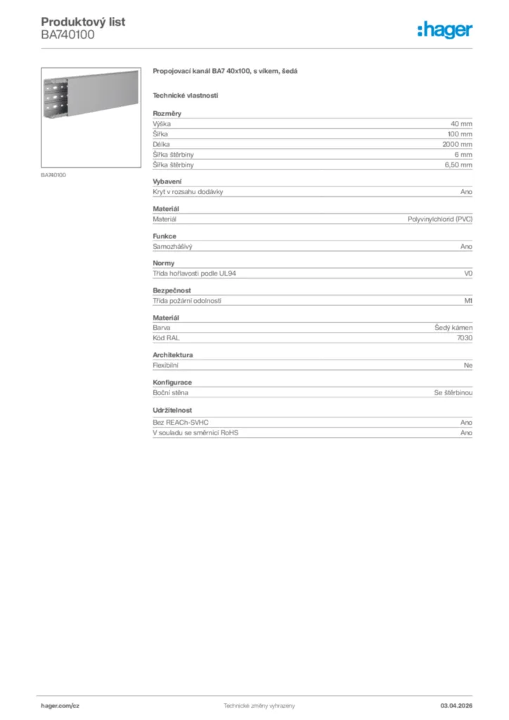Obrázek Hager Product data sheet BA740100 | Hager