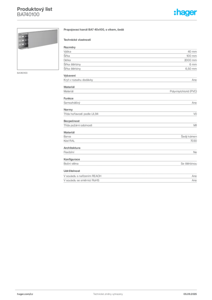 Obrázek Hager Produktový list BA740100 | Hager