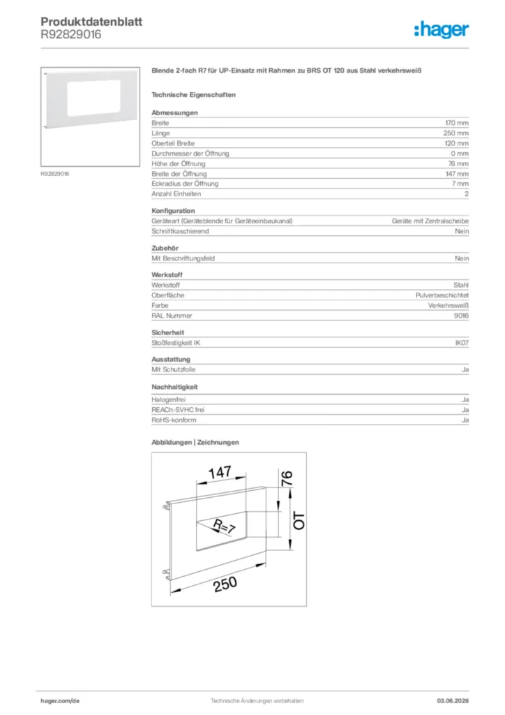 Bild Hager Produktdatenblatt R92829016 | Hager Deutschland
