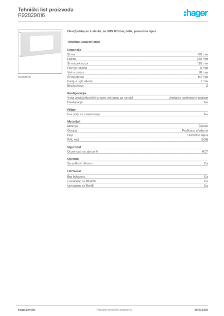 Slika Hager Product data sheet R92829016  | Hager