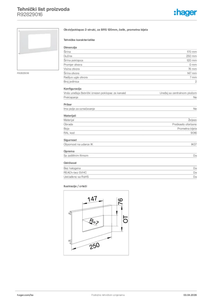 Slika Hager Tehnički list proizvoda R92829016  | Hager