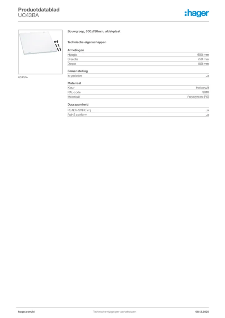Afbeelding Hager Productdatablad UC43BA | Hager Nederland