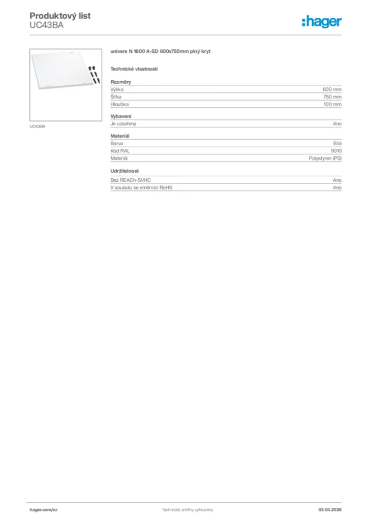 Obrázek Hager Product data sheet UC43BA | Hager
