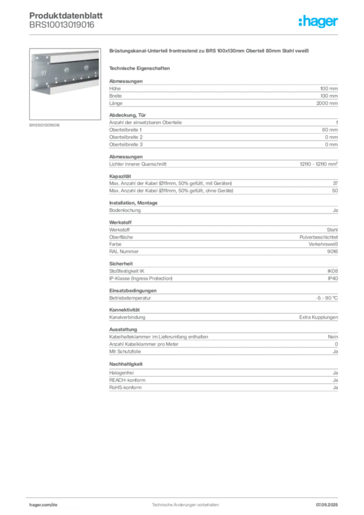 Bild Hager Produktdatenblatt BRS10013019016 | Hager Deutschland